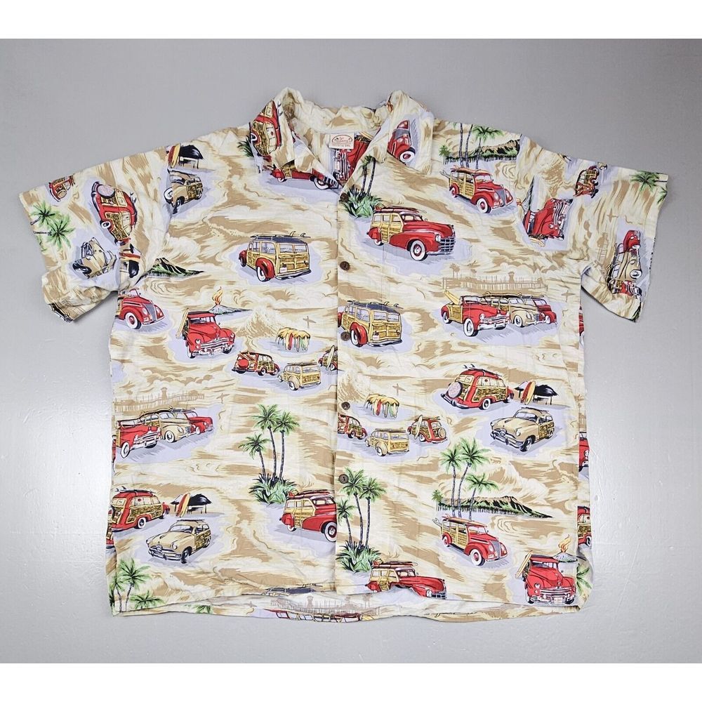 Go Barefoot Hawaiian Shirt Mens 3XL. Vintage‎ Car, Surf Print, Palm Trees.